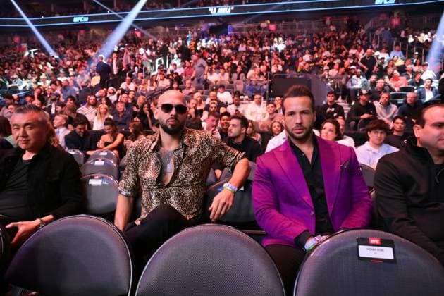 March 8, 2025, Las Vegas, Nevada, USA: ANDREW TATE (L) along with his brother TRISTAN TATE (R) was present cage side during UFC 313 at the T-Mobile Arena, Las Vegas Las Vegas USA - ZUMAo117 20250308_zsp_o117_166 Copyright: xMikaelxOnax