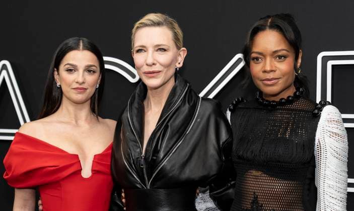 March 9, 2025, New York, New York, USA: Marisa Abela wearing dress by Carolina Herrera, Cate Blanchett wearing dress by Sarah Burton for Givenchy, Naomie Harris wearing dress by Sukeina attend premiere of Black Bag at AMC Lincoln Square in New York on March 9, 2025 New York USA - ZUMAr339 20250309_znp_r339_068 Copyright: xLevxRadinx