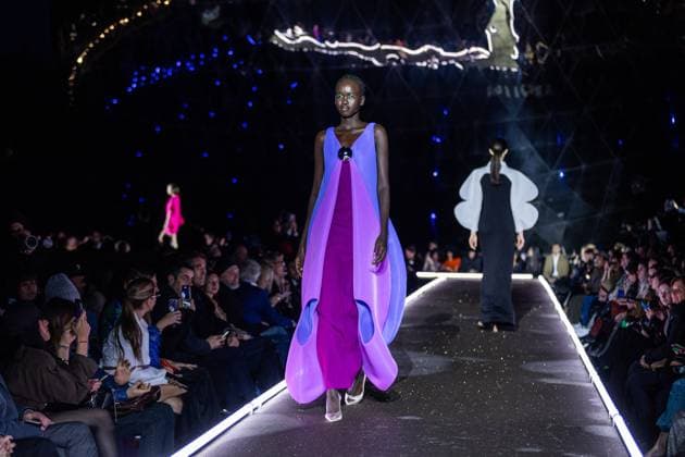 PFW - Pierre Cardin Runway A model walks the runway during Pierre Cardin Womenswear Fall Winter 2025-2026 show as part of Paris Fashion Week on March 10, 2025 in Paris, France. Photo by Nasser Berzane ABACAPRESS.COM Paris France  Copyright: xBerzanexNasser ABACAx