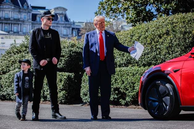 March 11, 2025, Washington, District Of Columbia, USA: United States President Donald Trump speaks in front of a group of Tesla vehicles with Elon Musk, Tesla CEO and Senior Advisor to the President of the United States, and his son, X, on the South Lawn of the White House in Washington, D.C. on March 11, 2025. President Trump has said he will buy a Tesla to support Tesla and Elon Musk after recent attacks on Tesla charging stations and calls for boycotts of Tesla products Washington USA - ZUMAesla 20250311_faa_s152_159 Copyright: xSamuelxCorumx-xPoolxviaxCNPx