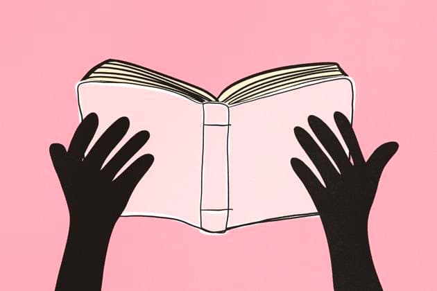 A minimalistic illustration features two black hands holding an open book against a soft pink background. The simple design emphasizes reading and creativity. Model Released HodeiUnzueta_ID26996_779161_009 Copyright: xHodeixUnzuetax RECORD DATE NOT STATED