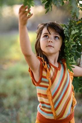 Creative Highlights Symbolfotos MR_ID26960_20102_MayaBosquetCarli.jpg, MR_ID26960_20124_LeoBosquetCarli.jpg A young child reaches for vibrant green leaves in a sunny outdoor setting, wearing a colorful striped outfit. The scene captures innocence and wonder amidst nature. Model Released MagdalenaCarli_ID26960_778168_003 Copyright: xMagdalenaxCarlix