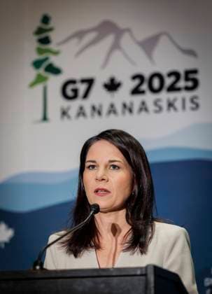 Abschlusspressekonferenz von Annalena Baerbock (Buendnis 90 Die Gruenen), Bundesaussenministerin, aufgenommen im Rahmen ihrer Teilnahme am Treffen der G7 Aussenministerinnen und Aussenminister in Charlevoix, Kanada. Fotografiert im Auftrag des Auswaertigen Amtes Charlevoix Kanada Copyright: xThomasxKoehler AAx