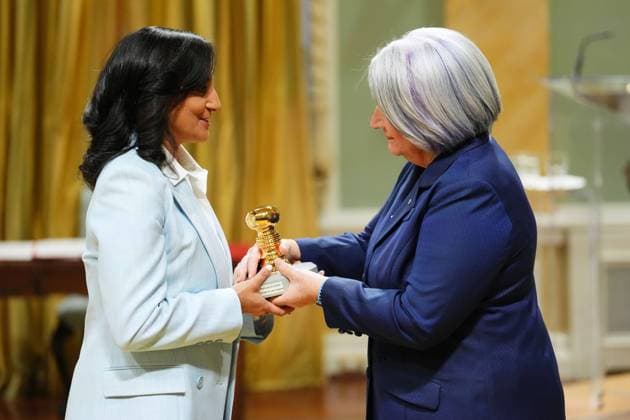 March 14, 2025, Ottawa, On, Canada: Minister of Innovation, Science and Industry Anita Anand, left, is presented with the Great Seal of Canada by Gov. Gen. Mary Simon during a swearing in ceremony at Rideau Hall in Ottawa on Friday, March 14, 2025. Ottawa Canada  - ZUMAc35_ 20250314_zaf_c35_130 Copyright: xSeanxKilpatrickx
