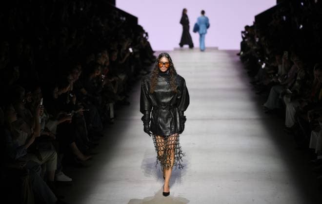 Russia Moscow Fashion Week 8880249 16.03.2025 A model presents a creation by Turkish brand EMRE ERDEMOGLU during the 4th Moscow Fashion Week at the Manege Central Exhibition Hall in Moscow, Russia. Grigory Sysoev Sputnik Moscow Russia  Copyright: xGrigoryxSysoevx