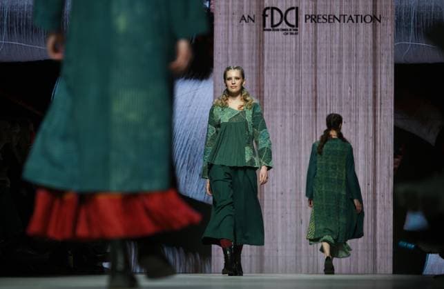 Russia Moscow Fashion Week 8880332 16.03.2025 Models present creations by Indian brand CoEK - Khadi during the 4th Moscow Fashion Week at the Manege Central Exhibition Hall in Moscow, Russia. Grigory Sysoev Sputnik Moscow Russia  Copyright: xGrigoryxSysoevx