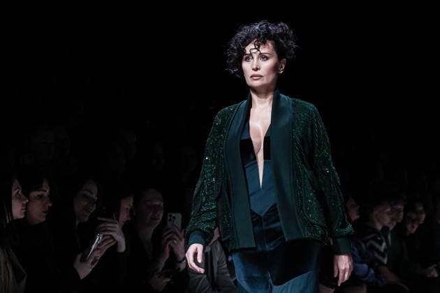 RUSSIA, MOSCOW - MARCH 18, 2025: A model showcases creations during a runway show for the collection by Julia Dalakian as part of the 4th Moscow Fashion Week at the Manege Central Exhibition Hall. Valery Sharifulin TASS  79203423