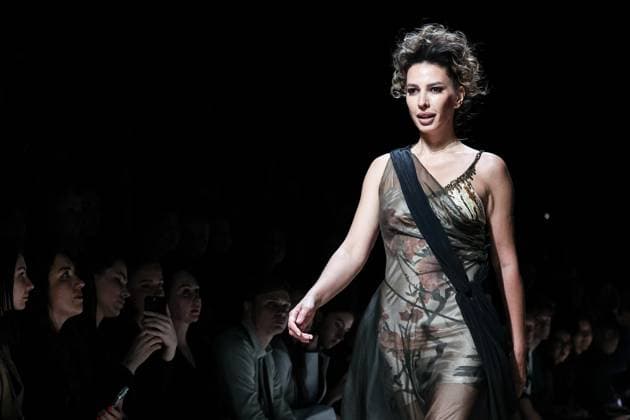 RUSSIA, MOSCOW - MARCH 18, 2025: A model showcases creations during a runway show for the collection by Julia Dalakian as part of the 4th Moscow Fashion Week at the Manege Central Exhibition Hall. Valery Sharifulin TASS  79203433