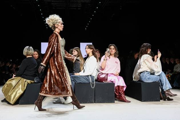 RUSSIA, MOSCOW - MARCH 18, 2025: A model showcases creations during a runway show for the collection by Julia Dalakian as part of the 4th Moscow Fashion Week at the Manege Central Exhibition Hall. Valery Sharifulin TASS  79203786