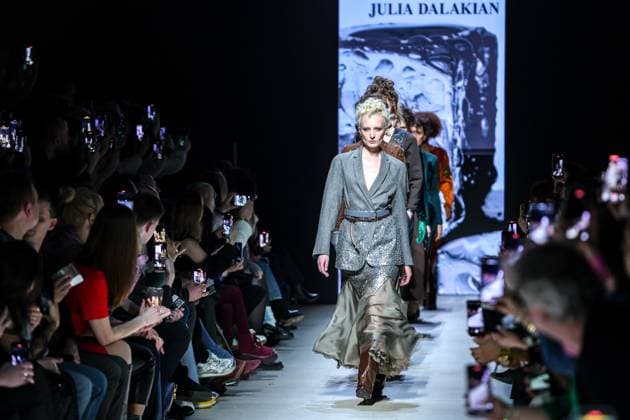 RUSSIA, MOSCOW - MARCH 18, 2025: Models showcase creations from designer Julia Dalakian during a runway show of the 4th Moscow Fashion Week at the Manege Central Exhibition Hall. Arina Antonova TASS  79211564