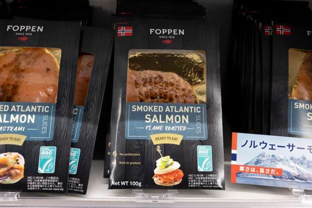 March 12, 2025, Tokyo, Japan: Smoked Atlantic salmon on display inside Norway s exhibition pavilion at FoodEx Japan 2025 in Tokyo Big Sight. FoodEx Japan 2025, held from March 11-14 at Tokyo Big Sight, marked its 50th edition as Asia s premier international food and beverage trade show. Attracting over 3,000 exhibitors from 60+ countries and 76,000 visitors, it showcased a vast array of global and local food products, fostering business opportunities across Japan and Asian markets. Tokyo Japan - ZUMAs197 20250312_aaa_s197_432 Copyright: xStanislavxKogikux