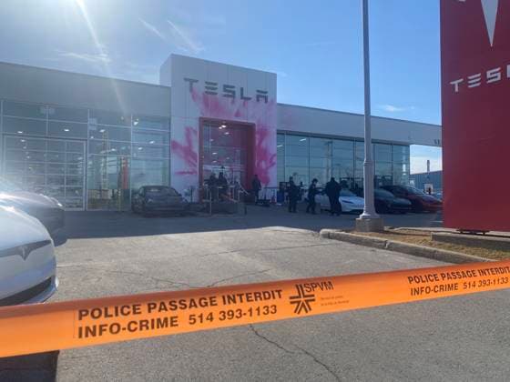 March 19, 2025, Montreal, Pq, CANADA: Activists from Last Generation Canada sprayed a Montreal Tesla dealership with pink paint as shown on Wednesday, March 19 in Montreal. Montreal CANADA  - ZUMAc35_ 20250319_zaf_c35_008 Copyright: xSto PhanexBlaisx
