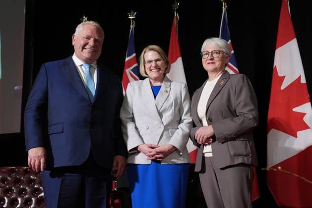 March 19, 2025, Toronto, On, CANADA: Ontario Premier Doug Ford, left to right, Deputy Premier and Minister of Health Sylvia Jones and Ontario Lt. Gov. Edith Dumont pose for a photo during a cabinet swearing-in ceremony in Toronto on Wednesday, March 19, 2025. Toronto CANADA  - ZUMAc35_ 20250319_zaf_c35_039 Copyright: xNathanxDenettex