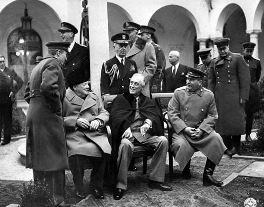 Yalta (Crimean) conference of three allied powers on 4-11 February 1945 2480387 04.02.1945 The Yalta (Crimean) conference of three allied powers on February 4-11, 1945. In the center (seating from left to right): British Prime Minister Winston Churchill, US President Franklin Delano Roosevelt and Marshal of the USSR Joseph Stalin. (Maximam size 2262x1777 px). RIA Novosti Sputnik Yalta Crimean ASSR USSR  Copyright: xRIAxNovostix