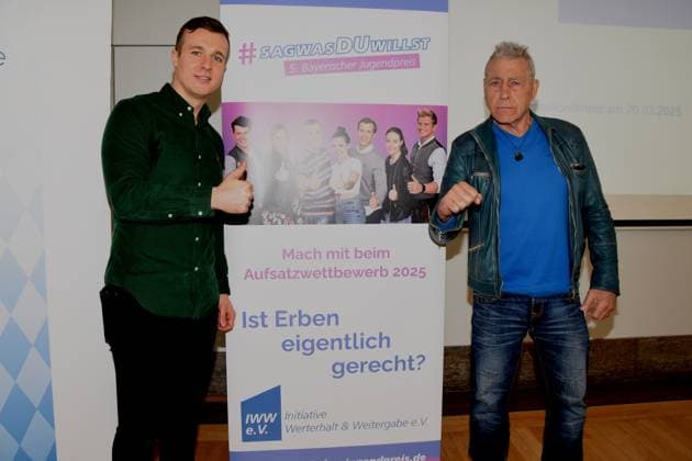 Alem BegiÄ‡, Profiboxer Europameister Rocco Russo Box Trainer Muenchen 20.03.2025 Justizpalast Bayerns Justizminister Georg Eisenreich ist Schirmherr des 5. Bayerischen Jugendpreises Start des Wettbewerbs mit dem Thema: Ist Erben eigentlich Muenchen