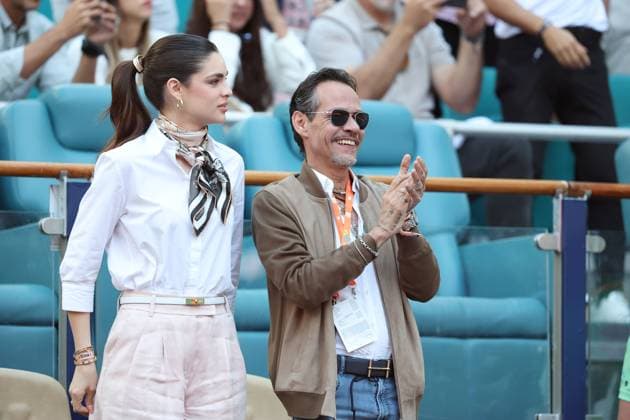MIAMI GARDENS, FLORIDA - MARCH 21: Marc Anthony and his wife Nadia Ferreira attend the game between Novak Djokovic of Serbia and Rinky Hijikata of Australia during Day 4 of the Miami Open at Hard Rock Stadium on March 21, 2025 in Miami Gardens, Florida. People: Marc Anthony, Nadia Ferreira Copyright: xhoo-mex xMediaPunchx