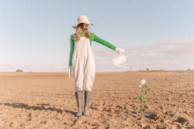Creative Highlights Symbolfotos Woamn standing on barren field, watering flower model released, Symbolfoto, ERRF02327