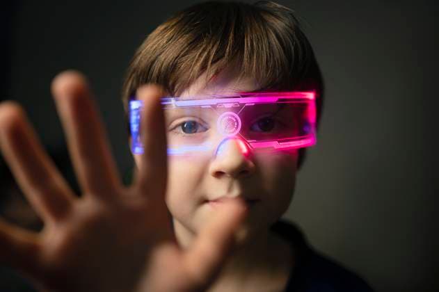 Creative Highlights Symbolfotos Child wearing smart glasses with glowing neon lights model released, Symbolfoto property released, ANAF04505