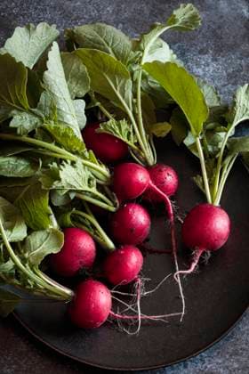 IMAGO Creative, Sommer, Food, Radieschen Fresh radishes with leaves on a plate in a studio setting, EVGF04492