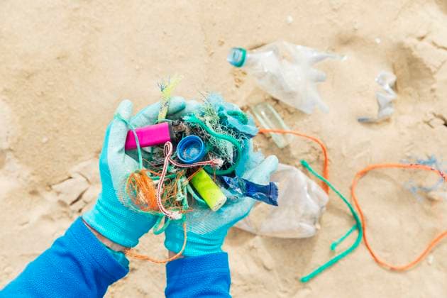 Hands holding collected ocean waste during a beach clean up on the North Sea model released, Symbolfoto, GWF08239