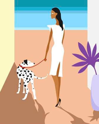 Illustration of a stylish woman walking a Dalmatian on a sunny beach property released, ESAF00100