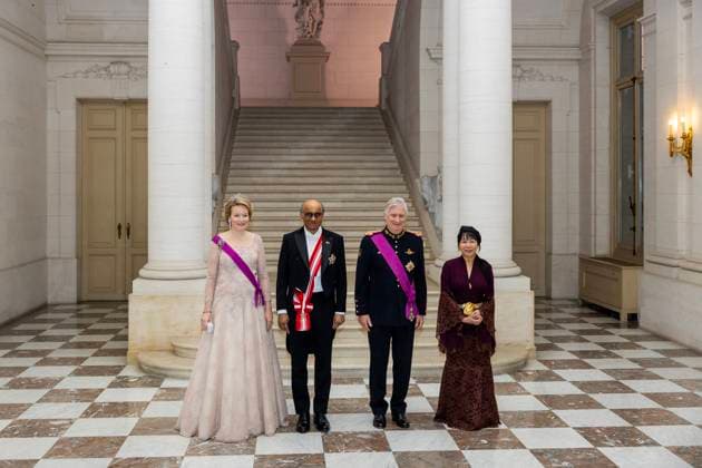 Entertainment Themen der Woche KW13 Entertainment Bilder des Tages 24-03-2025 Gala Queen Mathilde and King Filip with Tharman Shanmugaratnam, President of the Republic of Singapore, and Mrs. Jane Ittogi Shanmugaratnam pictured at the state banquet, at the royal castle of Laeken (Laken), in Brussels. Â  Copyright: xPPEx