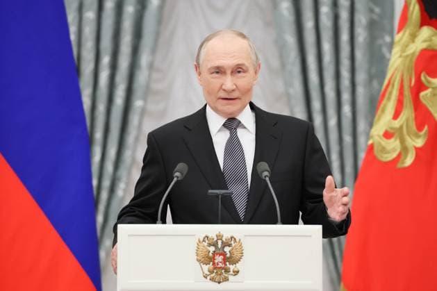 RUSSIA, MOSCOW - MARCH 25, 2025: Russia s President Vladimir Putin speaks during a ceremony in the Kremlin to present Russian Presidential Prizes in Culture, Literature and Art for Year 2024 to young professionals for their works aimed at children and youth. Sergei Savostyanov TASS  79356730