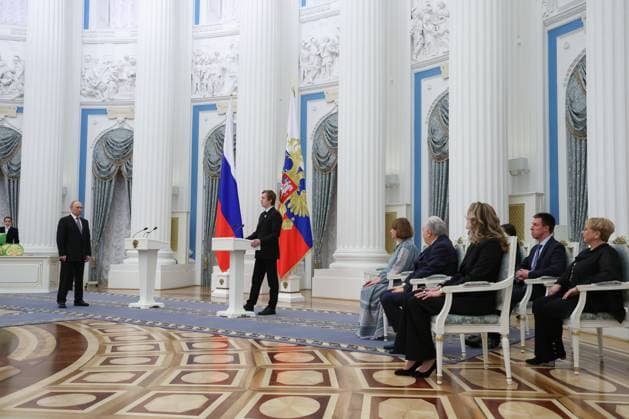 Russia Putin Culture Presidential Prize 8887551 25.03.2025 Russian President Vladimir Putin listens as Artistic Director of the Moscow State Academic Symphony Orchestra Ivan Nikiforchin speaks during a ceremony to award the winners of the 2024 Presidential Prize for young culture professionals and for writing and art for children and young people at the Kremlin in Moscow, Russia. Vyacheslav Prokofyev POOL Moscow Russia  Copyright: xVyacheslavxProkofyevx