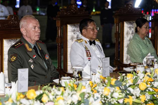 MYANMAR, NAYPYIDAW - MARCH 26, 2025: Russia s Deputy Defence Minister Alexander Fomin and Myanmar s Prime Minister Min Aung Hlaing (L-R) are seen during a meeting. Dmitry Kharichkov Russian Defence Ministry TASS  79434839