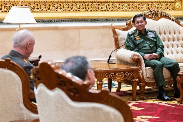 MYANMAR, NAYPYIDAW - MARCH 28, 2025: Myanmar s Prime Minister Min Aung Hlaing looks on during a meeting with Russia s Deputy Defence Minister Alexander Fomin. Dmitry Kharichkov Russian Defence Ministry TASS  79434855
