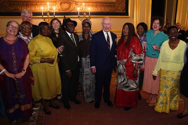 Royal community music reception King Charles III with members of Sing for Freedom Choir during a reception to recognise those involved in community music across the UK, at Windsor Castle in Berkshire. The 350 guests include leaders of community music groups and music-related projects, many of whom are volunteers., Credit:Aaron Chown Avalon UK, Windsor  Copyright: xAaronxChownx xAvalonx 0983026925