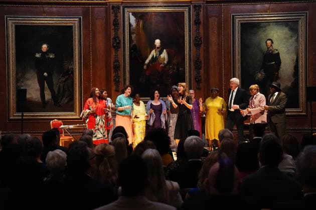 Royal community music reception King Charles III and the audience watch a performance by the Sing for Freedom Choir in the Waterloo Chamber during a reception to recognise those involved in community music across the UK, at Windsor Castle in Berkshire. The 350 guests include leaders of community music groups and music-related projects, many of whom are volunteers., Credit:Aaron Chown Avalon UK, Windsor  Copyright: xAaronxChownx xAvalonx 0983027725