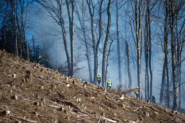News Themen der Woche KW14 Waldbrände im Sauerland Feuerwehrleute bei Löscharbeiten im steilen Hang Anhaltende Trockenheit sorgt für hohe Waldbrandgefahr auch im Südsauerland. Kurz hintereinander ist es im Märkischen Kreis zu Waldbränden über tausende Quadratmeter gekommen. Zum zweiten Mal musste die Feuerwehr Meinerzhagen binnen zweier Tage einen großen Flächenbrand löschen. Beim zweiten Feuer m Ortsteil Mühlhofe hat sich ein Feuerwehrmann bei den Löscharbeiten in dem steilen Hang schwerer verletzt und musste von seinen Kameraden mittels einer Schleifkorbtrage gerettet werden. Meinerzhagen Märkischer Kreis Nordrhein-Westfalen Deutschland *** Forest fires in the Sauerland region Firefighters extinguishing fires on a steep slope The persistent drought is