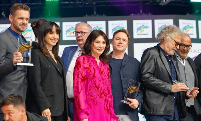 Rust, Germany - April 04, 2025: The 25th Radio Regenbogen Award at Europa-Park with Actress Iris Berben (m), Florian Schroeder, Stephanie Stumph, Guenther Jauch, Michael Bully Herbig, Wolfgang Niedecken, Hannes Ringlstetter 25th Radio Regenbogen Award at Europa-Park