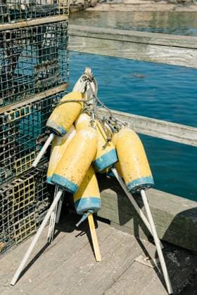 Fishing buoys and lobster traps on a New England sea wooden pier. Kennebunkport, Maine, United States R_QIWH250108CA-1624125-01