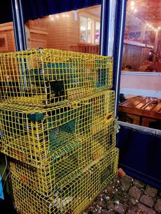 Colorful lobster traps leaning against a seafood restaurant in rustic Old Orchard Beach, Maine, under evening glow, 2022 , 58407188.jpg, rustic, lobster traps, restaurant, maine, old orchard beach, evening, coastal town, coastal life, coastal charm, seafood market, warm glow, seafood commerce, coastal business, nautical, marine patina, cobblestone, patina, hinged openings, fishing equipment, glass window, metal, seafood establishment, marine equipment, crustacean fishing, reflection, texture, quaint location, deck, wear and tear, pier, fishing industry, wooden structure, wire mesh, compartments, working waterfront, commercial fishing, string lights, eye-level, maritime culture, nighttime, indoor lighting, illuminated window RECORD DATE NOT STATED