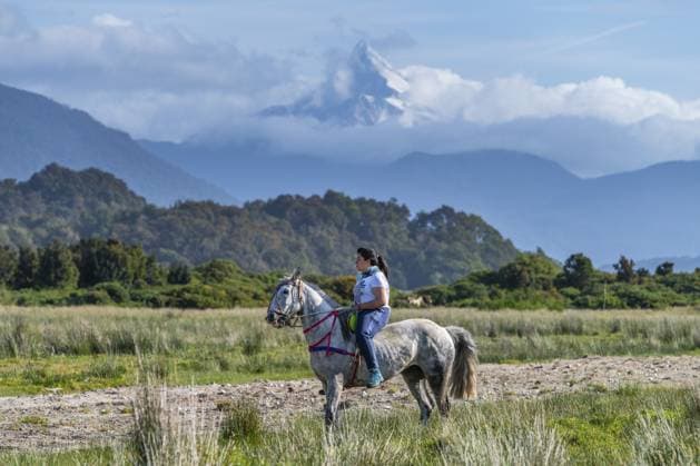Reiterin auf ihrem Pferd bei einem Pferderennen von Gauchos, hinten der Vulkan Corcovado, Dorf Chaiten, Nationalpark Pumalin-Douglas Tompkins, Chaiten, Region Los Lagos, Patagonien, Chile, Südamerika Rider on her horse at a gaucho horse race, Corcovado volcano in the background, Chaiten village, Pumalin-Douglas Tompkins National Park, Chaiten, Los Lagos region, Patagonia, Chile, South America Copyright: imageBROKER OliverxGerhard ibxoge13094776.jpg