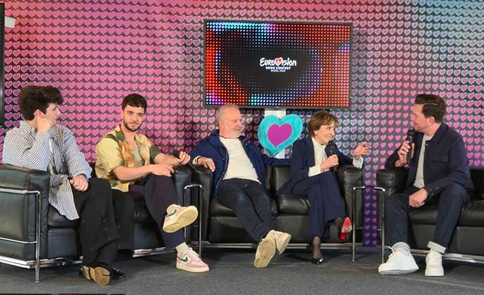 Bilder des Jahres 2025, Entertainment 04 April Entertainment Bilder des Tages Basel, Switzerland - April 14, 2025: Eurovision Song Contest, ESC 2025: Press Conference revealing the Program and Show Parts with Paola Felix, Peter Reber, Luca Hänni, Gjons Tears from the Act: Swiss ESC Legacy. Mandoga Media Germany ESC Eurovision Song Contest 2025 in Basel *** Basel, Switzerland April 14, 2025 Eurovision Song Contest, ESC 2025 Press Conference revealing the Program and Show Parts with Paola Felix, Peter Reber, Luca Hänni, Gjons Tears from the Act Swiss ESC Legacy Mandoga Media Germany ESC Eurovision Song Contest 2025 in Basel