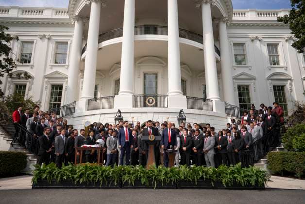 Ryan Day, coach for the 2025 College Football National Champions - The Ohio State University speaks as President Trump and Voce President JD Vance look on, on the South Lawn of the White House in Washington, DC on Monday, April 14, 2025.  WAS20250414571 KenxCedeno