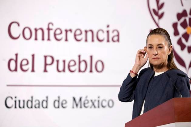 MexicoÃ¢â‚¬â ¢s President, Claudia Sheinbaum Pardo, speaks during a briefing conference at National Palace. on April 14, 2025 in Mexico City, Mexico. Mexico City Mexico - ZUMAe321 20250414_zia_e321_009 Copyright: xLuisxBarronx