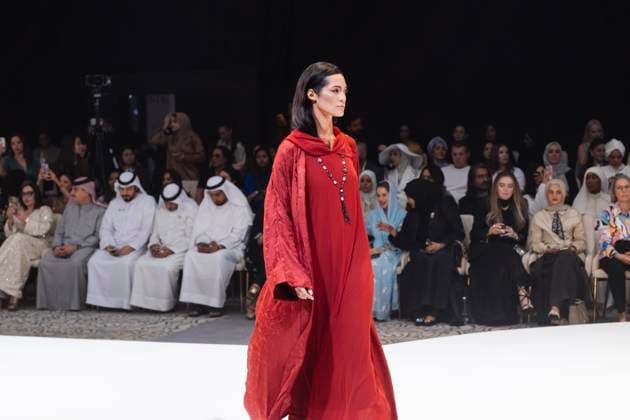 April 14, 2025, Abu Dhabi, United Arab Emirates: A model seen on stage for Turana Atash. Designers Miha (Turkey), Salam Design (Palestine), Turana Atash (London - UK), Arta Kallaba (USA) and Khalifa Fund x Emirati Designers (UAE) attend the first runaway of Abu Dhabi Modest Fashion Week organized by Think Fashion at St. Regis Saadiyat Island Resort. Abu Dhabi United Arab Emirates - ZUMAs197 20250414_aab_s197_031 Copyright: xValeriaxFerrarox