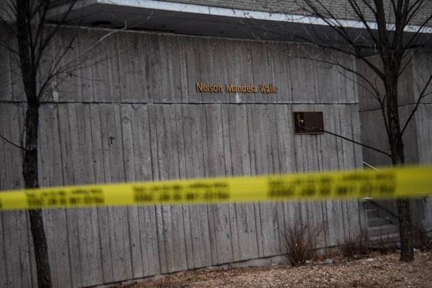 April 15, 2025, Toronto, On, Canada: Nelson Mandela Walk, where a car struck pedestrians on the Toronto Metropolitan University campus, is pictured in Toronto, on Tuesday, April 15, 2025. Toronto Canada  - ZUMAc35_ 20250415_zaf_c35_060 Copyright: xLauraxProctorx