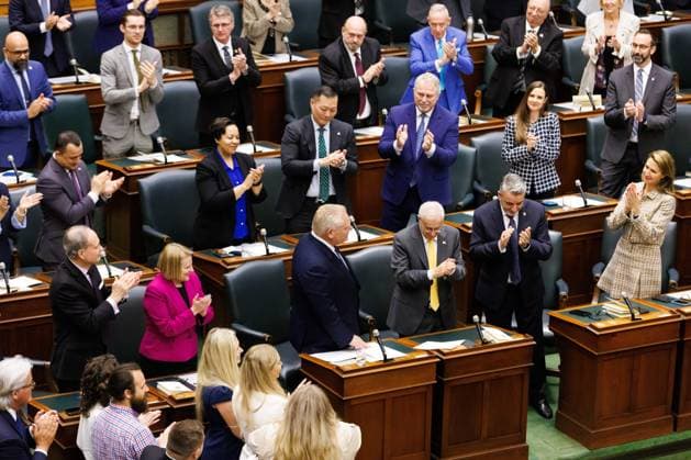 April 15, 2025, Toronto, On, CANADA: Ontario Premier Doug Ford is applauded by his MPP s as he s mentioned by Ontario Lt.-Gov. Edith Dumont, in her speech from the throne at Queen s Park in Toronto on Tuesday, April 15, 2025. Toronto CANADA  - ZUMAc35_ 20250415_zaf_c35_066 Copyright: xColexBurstonx