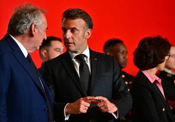 Macron awards those involved in Notre Dame de Paris Cathedral restorations - Paris French President Emmanuel Macron and French Minister Francois Bayrou before awarding those involved in the restorations of Notre-Dame de Paris Cathedral at the Elysee Palace in Paris on April 15, 2025. Photo by Christian Liewig Pool ABACAPRESS.COM Paris France  Copyright: xLiewigxChristian Pool ABACAx