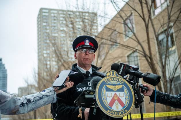 April 15, 2025, Toronto, On, Canada: Toronto Police Duty Inspector Todd Jocko speaks to media at Nelson Mandela Walk, where a car struck pedestrians on the Toronto Metropolitan University campus, in Toronto, on Tuesday, April 15, 2025. Toronto Canada  - ZUMAc35_ 20250415_zaf_c35_089 Copyright: xLauraxProctorx