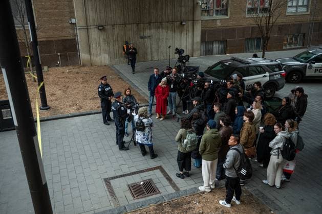 April 15, 2025, Toronto, On, Canada: Toronto Police Duty Inspector Todd Jocko speaks to media at Nelson Mandela Walk, where a car struck pedestrians on the Toronto Metropolitan University campus, in Toronto, on Tuesday, April 15, 2025. Toronto Canada  - ZUMAc35_ 20250415_zaf_c35_092 Copyright: xLauraxProctorx