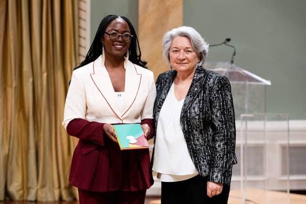 April 17, 2025, Ottawa, On, Canada: Gov. Gen. Mary Simon, right, presents Chimwemwe Undi with the Governor GeneralöÄÃ s Literary Award in Poetry for Scientific Marvel during a ceremony at Rideau Hall in Ottawa, on Thursday, April 17, 2025. Ottawa Canada  - ZUMAc35_ 20250417_zaf_c35_029 Copyright: xSpencerxColbyx
