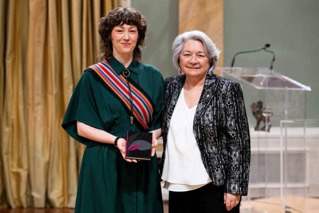 April 17, 2025, Ottawa, On, Canada: Gov. Gen. Mary Simon, right, presents Caleigh Crow with the Governor GeneralöÄÃ s Literary Award in Drama for There Is Violence and There Is Righteous Violence and There Is Death, or the Born-Again Crow during a ceremony at Rideau Hall in Ottawa, on Thursday, April 17, 2025. Ottawa Canada  - ZUMAc35_ 20250417_zaf_c35_031 Copyright: xSpencerxColbyx