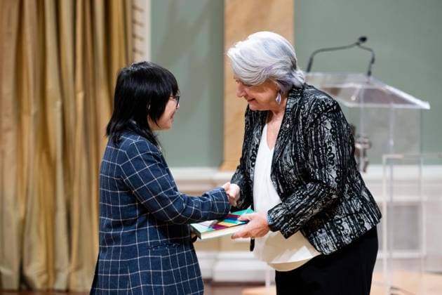 April 17, 2025, Ottawa, On, Canada: Gov. Gen. Mary Simon, right, presents Li Charmaine Anne with the Governor GeneralöÄÃ s Literary Award in Young People s Literature Text for Crash Landing during a ceremony at Rideau Hall in Ottawa, on Thursday, April 17, 2025. Ottawa Canada  - ZUMAc35_ 20250417_zaf_c35_036 Copyright: xSpencerxColbyx