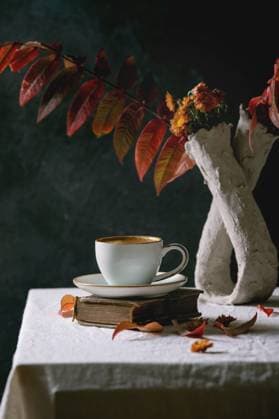 Kaffee mit Herbstblättern Cup of black coffee espresso standing on white table cloth in dark room with autumn leaves and flowers in clay vase, old books. (License=RF) Copyright: xZoonar.com NATASHAxBREENx 23194423